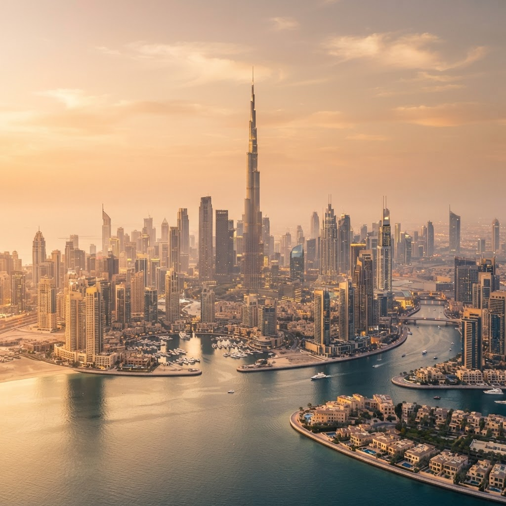 Dubai skyline at golden hour