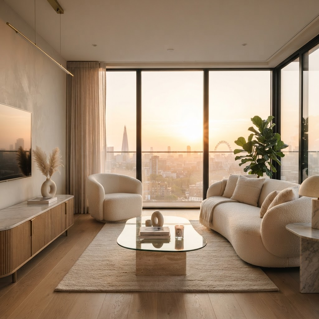 Luxury apartment interior overlooking a city skyline at golden hour